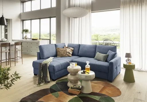 Ecksofa EDWIN - 2-Sitzer, Ecke rechts inkl. Schlaffunktion und Bettkasten, Stoff, Blau