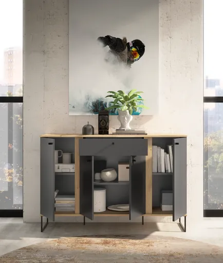 Sideboard - B ca. 135 cm, Anthrazit, Evoke Eiche Nachbildung