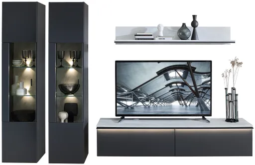 Wohnwand - mit Beleuchtung, Graphit, Marmor Nachbildung hell