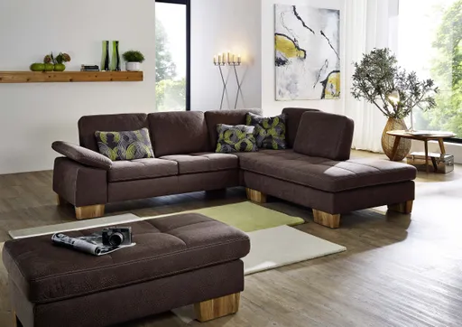 Sofa - 2,5 Sitzer mit Ecke rechts inkl. Armlehne und Sitztiefe verstellbar, Stoff, Braun