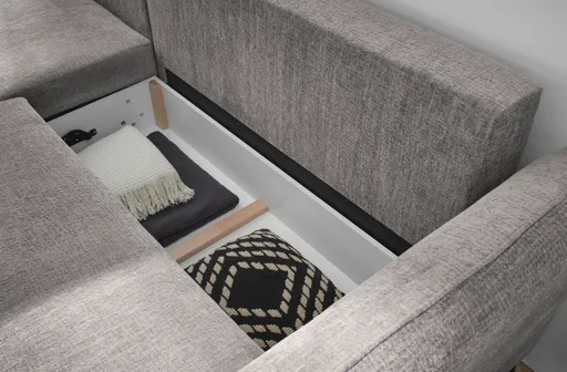 Ecksofa - Longchair links mit 2-Sitzer, Schlaffunktion mit Bettkasten, Stoff, Steingrau