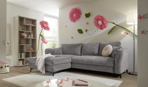 Ecksofa - Longchair links mit 2-Sitzer, Schlaffunktion mit Bettkasten, Stoff, Steingrau