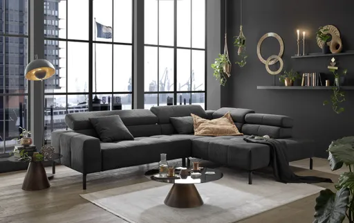 Ecksofa COLLEEN - 2-Sitzer mit Ecke rechts, Kopfteil verstellbar, Feincord, Anthrazit