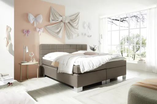 Boxspringbett HAIKOS- Liegefläche ca. 180x200 cm, Stoff, Hellbraun, inkl. Topper
