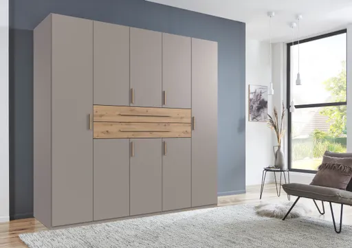 Drehtürenschrank- B ca. 225 cm, Saharagrau, Eiche Dekor