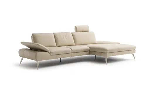Ecksofa Collina - 2,5-Sitzer, Longchair rechts, inklusive Kopfstütze, Leder, Ecru