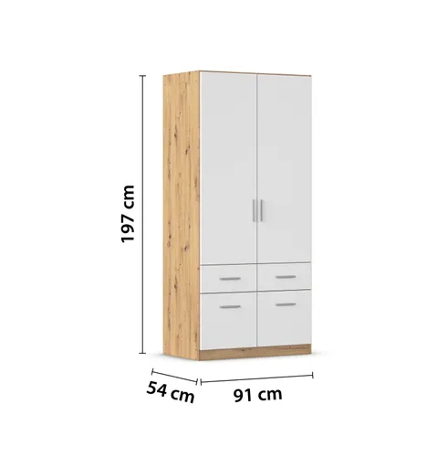 Drehtürenschrank REXY MATT- B 91 cm, Eiche Dekor, Weiß