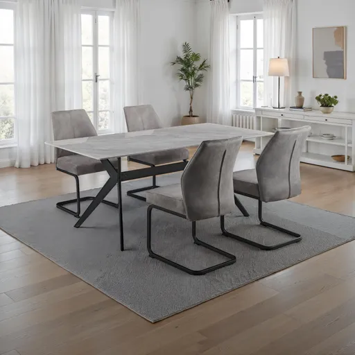 Esstisch - LB ca. 180x90 cm, Marmoroptik grau, Schwarz