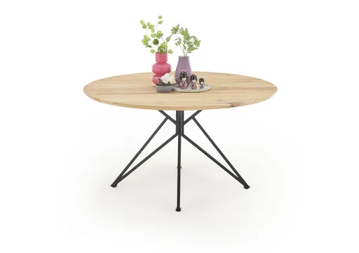 Esstisch - Ø/H ca. 140x75 cm, Zerreiche massiv geölt, Schweizer Kante, Schwarz