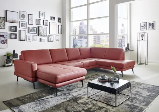 Wohnlandschaft - Longchair links mit 2,5-Sitzer und Ecke rechts, Stoff, Rot