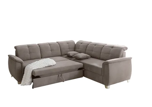 Ecksofa - 2-Sitzer, Ecke rechts inkl. Schlaffunktion mit Bettkasten, 6 Kopfteilverstellungen, 3 Kissen, Stoff Hellbraun