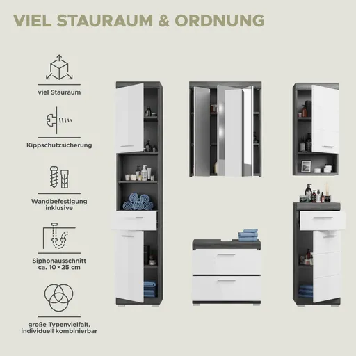 Badblock - 5-teilig, Rauchsilber, Weiß Hochglanz