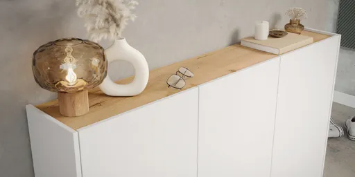 Schuhschrank GASIRA - B ca. 138 cm, Weiß, Navarra Eiche Nachbildung