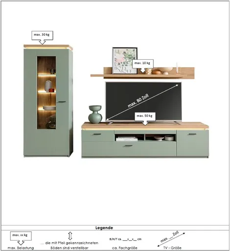 Wohnwand - mit Beleuchtung und Fernbedienung, Salbeigrün, Eiche Evoke Nachbildung