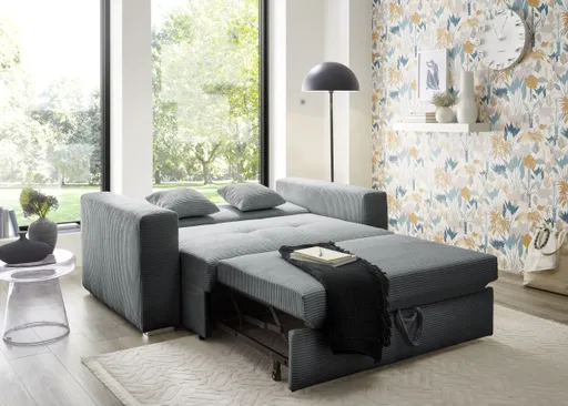  Sofa JORDEN 2 - 2-Sitzer inkl. Schlaffunktion mit Bettkasten, Cord, Dunkelgrau