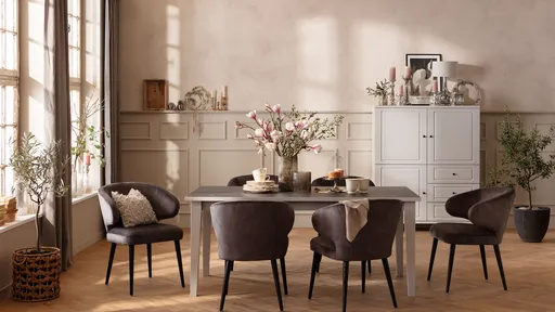 Esstisch Stafford - LB ca. 180x90 cm, Lack Kreide, HPL schwarzgrau marmoriert