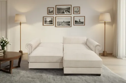 Ecksofa  - Sofa 2-Sitzer mit Longchair rechts, Schlaffunktion mit Bettkasten, Stoff, Creme