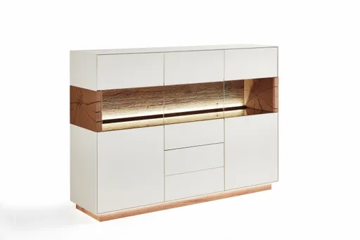 Highboard - mit Beleuchtung, Kerneiche Umato massiv, Birke Weiß lackiert