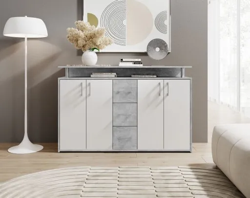 Highboard - B ca. 139 cm, Betonoptik, Weiß