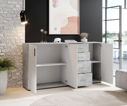 Kommode - B ca. 160 cm, Betonoptik, Weiß