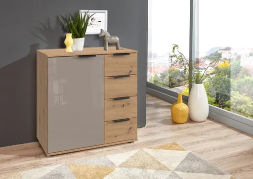 Kommode WANJA- Eiche Dekor, Glas, Saharagrau
