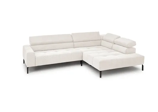 Ecksofa COLLEEN - 2-Sitzer mit Ecke rechts, Kopfteil verstellbar, Feincord, Weiß