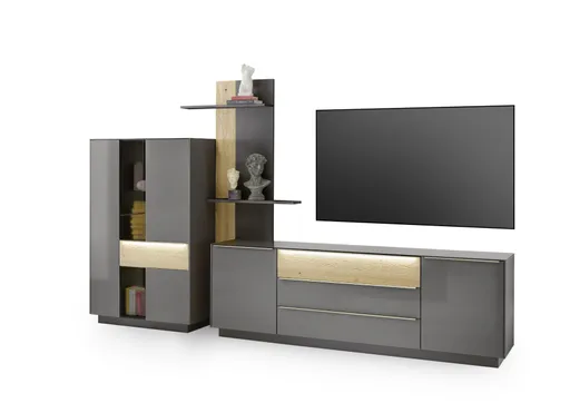 Highboard - mit Beleuchtung, B ca. 96 cm, Anthrazit, Eiche massiv