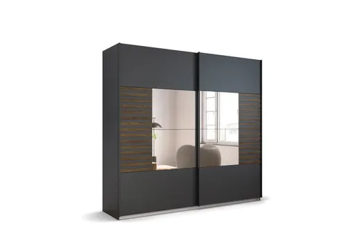 Schwebetürenschrank- B ca. 226 cm, Grau Metallic, Eiche Dunkel, Spiegel
