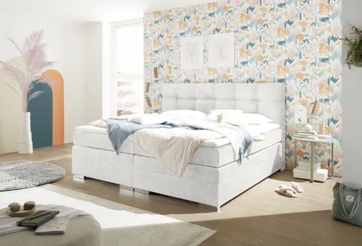 Boxspringbett SANDRIN I- Liegefläche ca. 200x200 cm, Stoff, Weiß