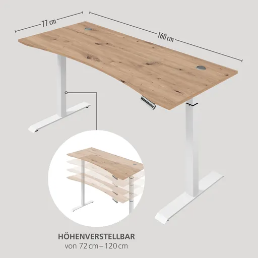 Schreibtisch - höhenverstellbar, LB ca. 160x77 cm, Artisan Eiche Nachbildung, Weiß