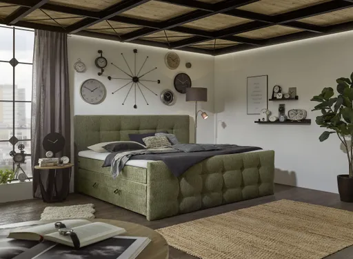Boxspringbett SANDRIN- Liegefläche ca. 200x200 cm, Stoff, Grün,  inkl. Stauraum und Fußteil