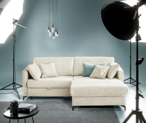 Ecksofa - 1,5-Sitzer, Ecke rechts inkl. Schlaffunktion und Bettkasten, Stoff, Beige