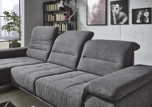 Sofa - Longchair links mit 3-Sitzer inkl. Kopfteil verstellbar, Stoff, Anthrazit