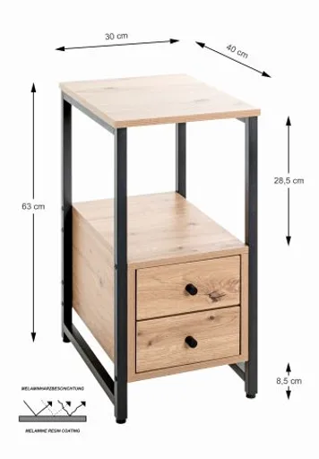 Beistelltisch - B/H/T ca. 30x63x40 cm, Eiche Nachbildung, Schwarz