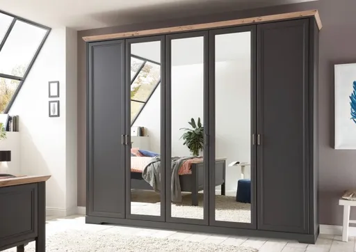 Kleiderschrank- B ca. 266 cm, Graphit, Eiche Dekor,Spiegel