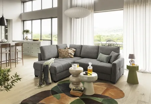Ecksofa EDWIN - 2-Sitzer, Ecke rechts inkl. Schlaffunktion und Bettkasten, Stoff, Braun