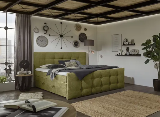 Boxspringbett SANDRIN I- Liegefläche ca. 200x200 cm, Stoff, Grün,  inkl. Stauraum und Fußteil