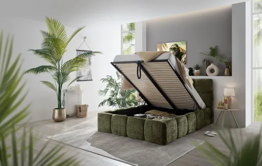 Bettgestell SANDRIN R- Liegefläche ca. 160x200 cm, Stoff, Braungrün, inkl. Lattenrost und Stauraum