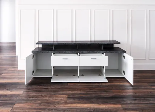 TV-Lowboard - B ca. 180 cm, Weiß, Stone dunkel Nachbildung