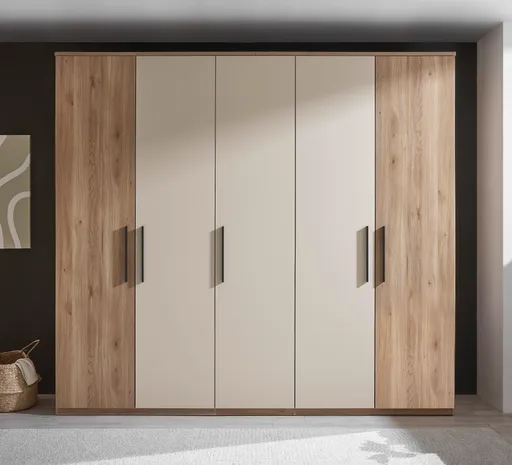 Drehtürenschrank - B. ca. 250,4 cm, Außentüren Holzdekor, Mitteltüren Beige