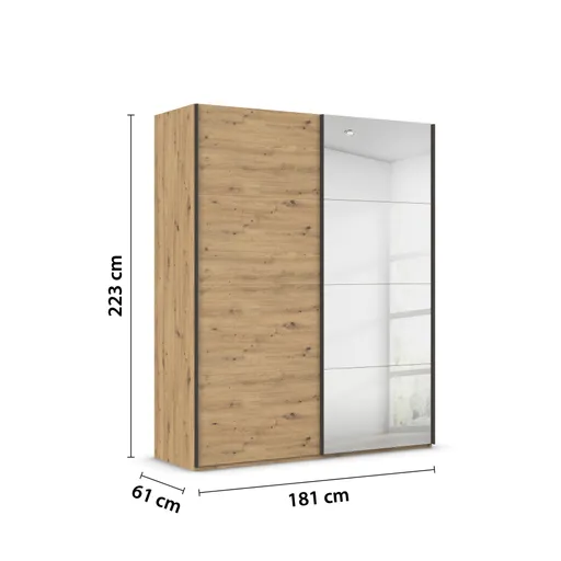 Schwebetürenschrank ROVERO- B ca. 181 cm,  Eiche Dekor, Spiegel