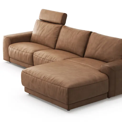 Ecksofa Balok - 2,5-Sitzer mit Longchair groß rechts, inkl. Relaxfunktion (motorisch) und Kopfstütze, Leder, Cognac