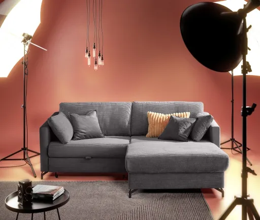 Ecksofa - 1,5-Sitzer, Ecke rechts inkl. Schlaffunktion und Bettkasten, Stoff, Grau