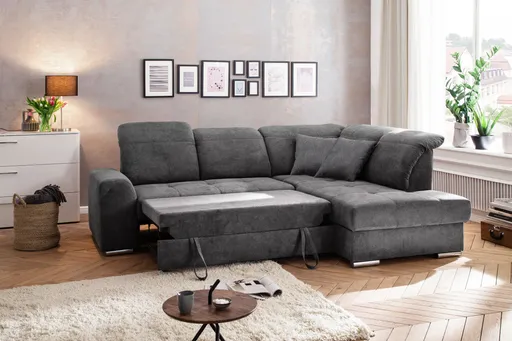 Schlafsofa - 2-Sitzer, Ecke rechts inkl. Schlaffunktion und Bettkasten, Stoff anthrazit