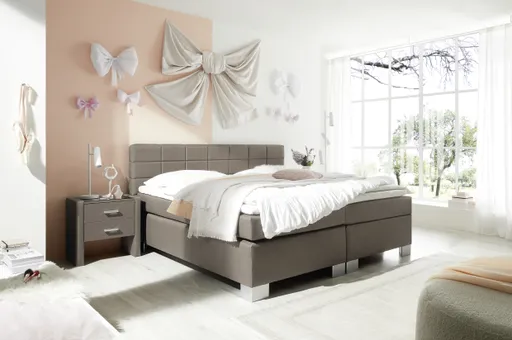 Boxspringbett HAIKOS- Liegefläche ca. 180x200 cm, Stoff, Hellbraun, inkl. Topper