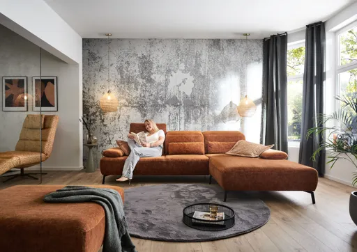 Ecksofa - 2,5-Sitzer mit Longchair rechts, Kopfteil/Armlehne/Rücken verstellbar, Stoff, Rost