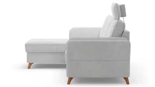 Ecksofa Vayra - Longchair links mit 2,5-Sitzer rechts, inkl. Relaxfunktion (motorisch) und Kopfstütze verstellbar (manuell), Stoff, Offwhite