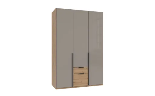Drehtürenschrank WANJA- B ca. 135 cm, Eiche Dekor, Glas, Saharagrau