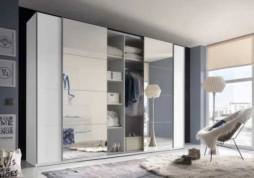 Schwebetürenschrank- B ca. 315 cm, Weiß, Spiegel