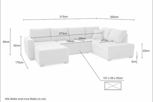 Wohnlandschaft JOSY - Longchair links, 1,5-Sitzer, Ecke rechts inkl. Schlaffunktion mit Bettkasten, Stoff, Beige